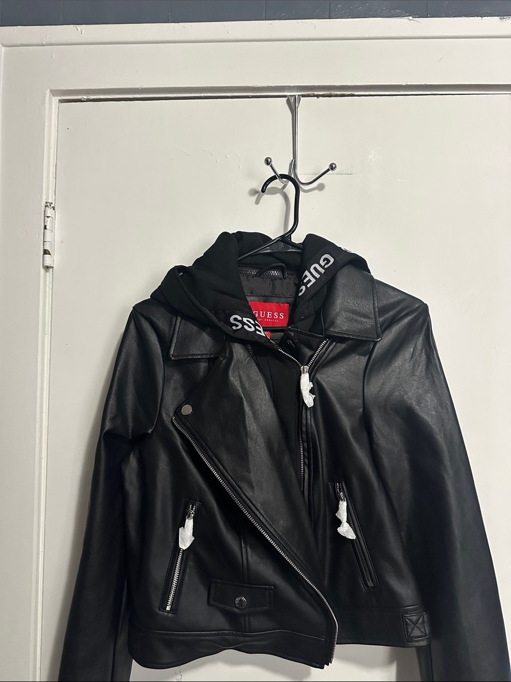 GUESS Black Faux Leather Moto Jacket with Logo Hood